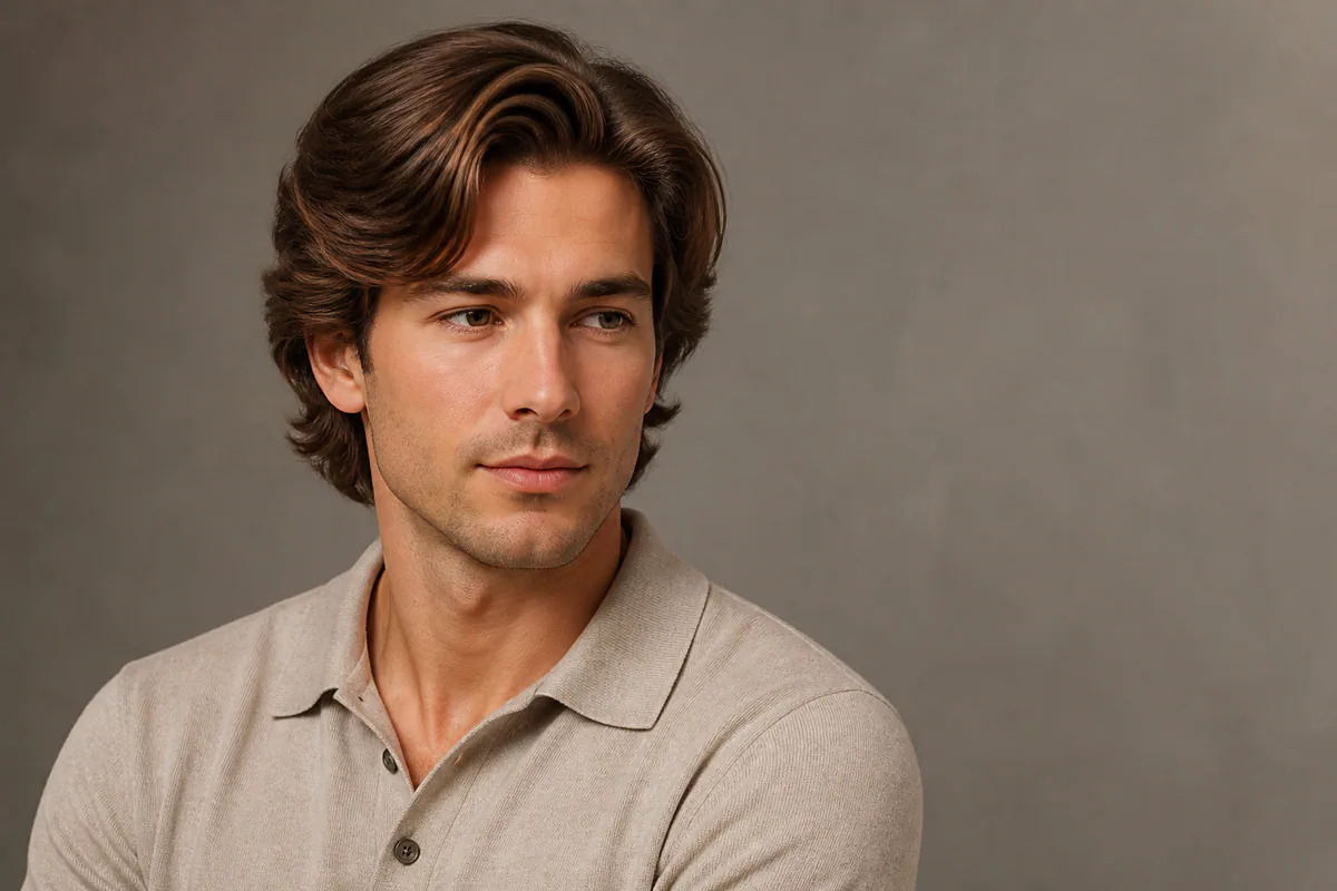 Man with a heart-shaped face wearing a medium-length side-swept hairstyle