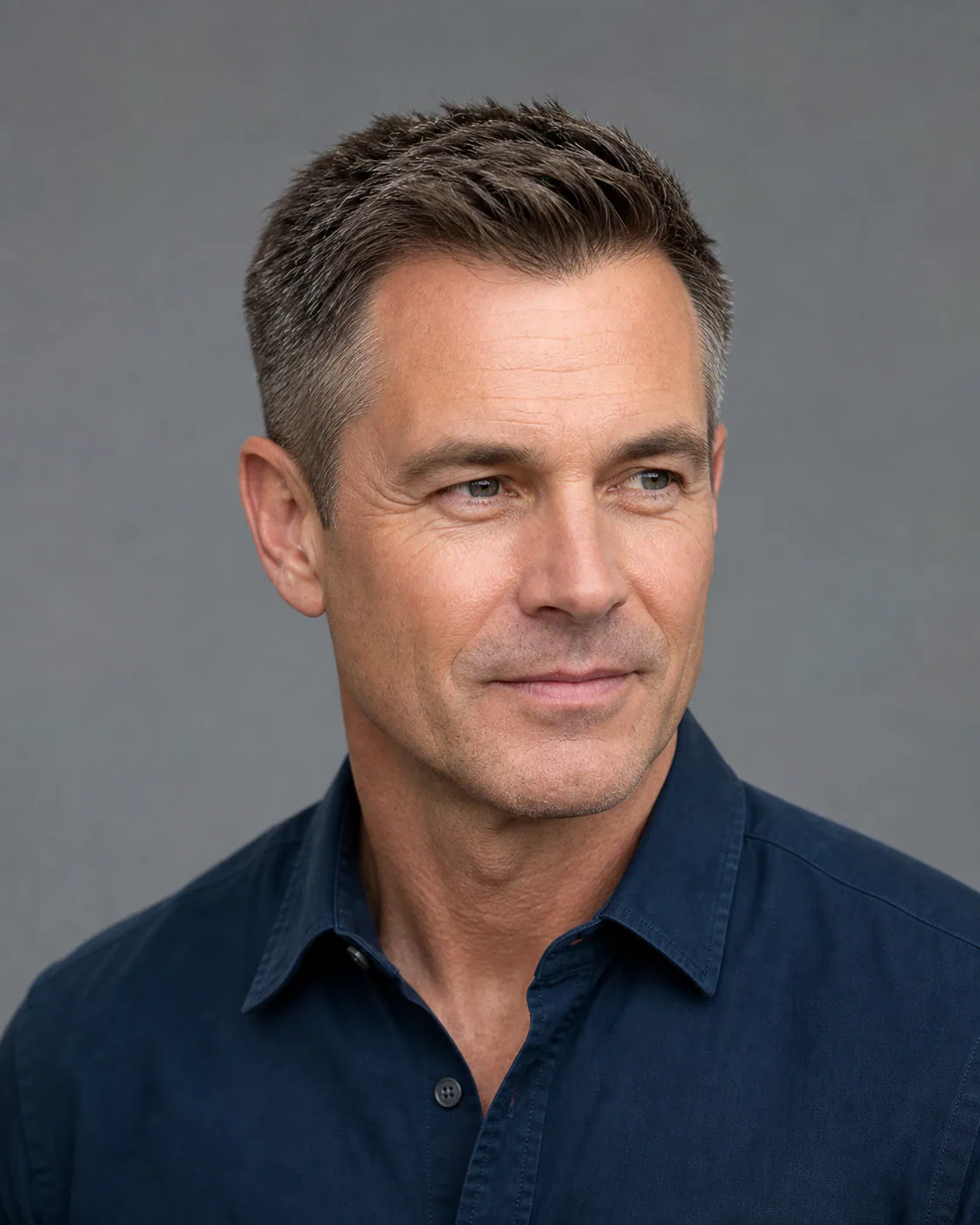 Mature man with a heart-shaped face wearing a short textured Ivy League brush-up