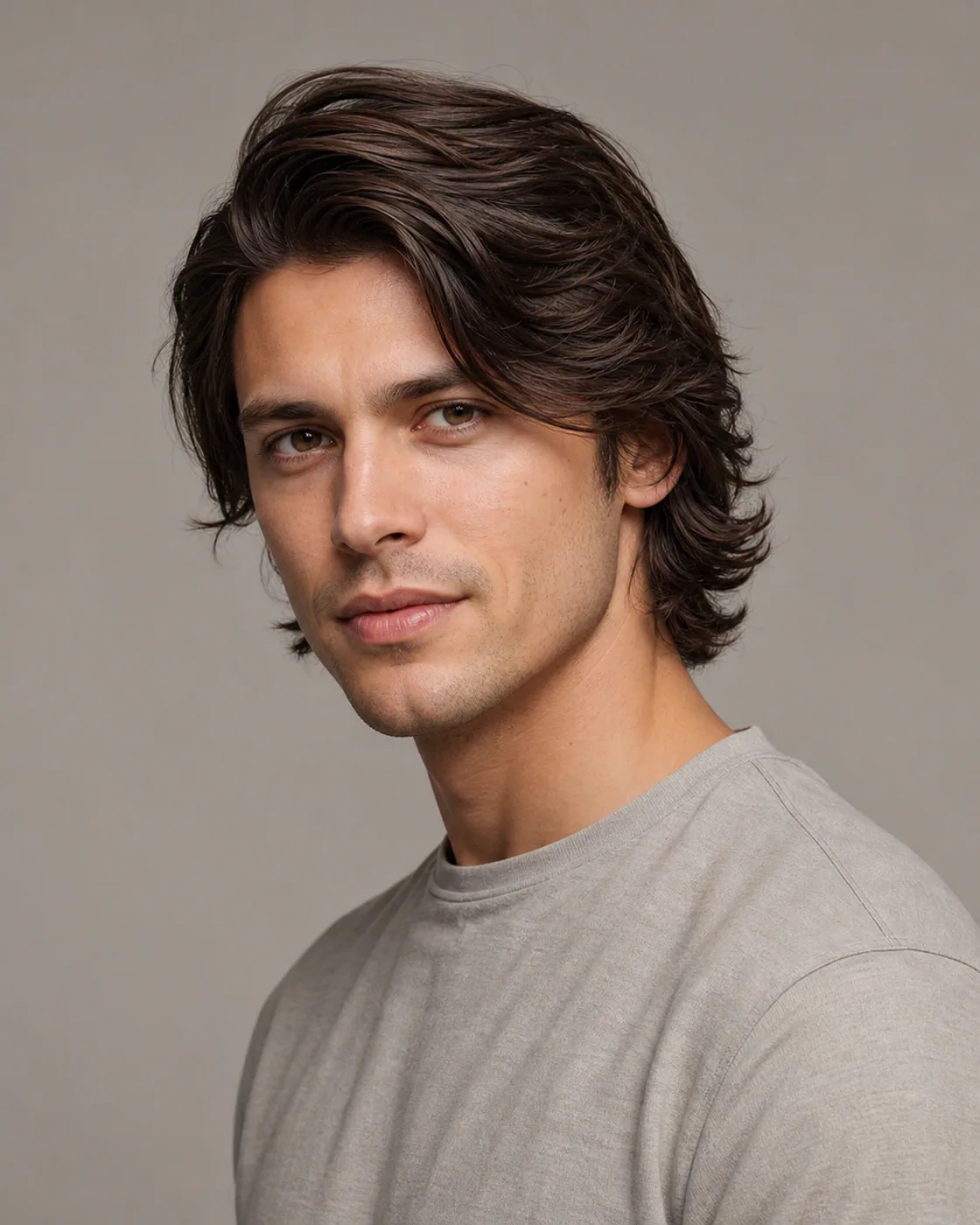Man with a heart-shaped face wearing medium-length side-swept layers with soft movement at the jaw