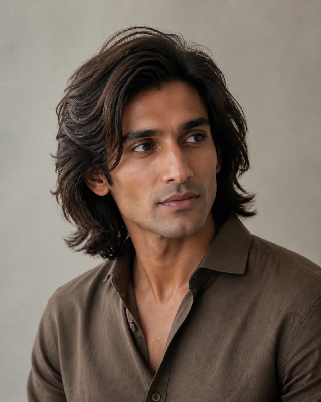 Man with a heart-shaped face wearing a shoulder-length layered hairstyle