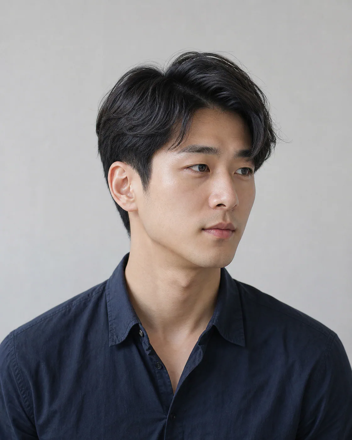 Man with a heart-shaped face wearing a soft side part with a low taper