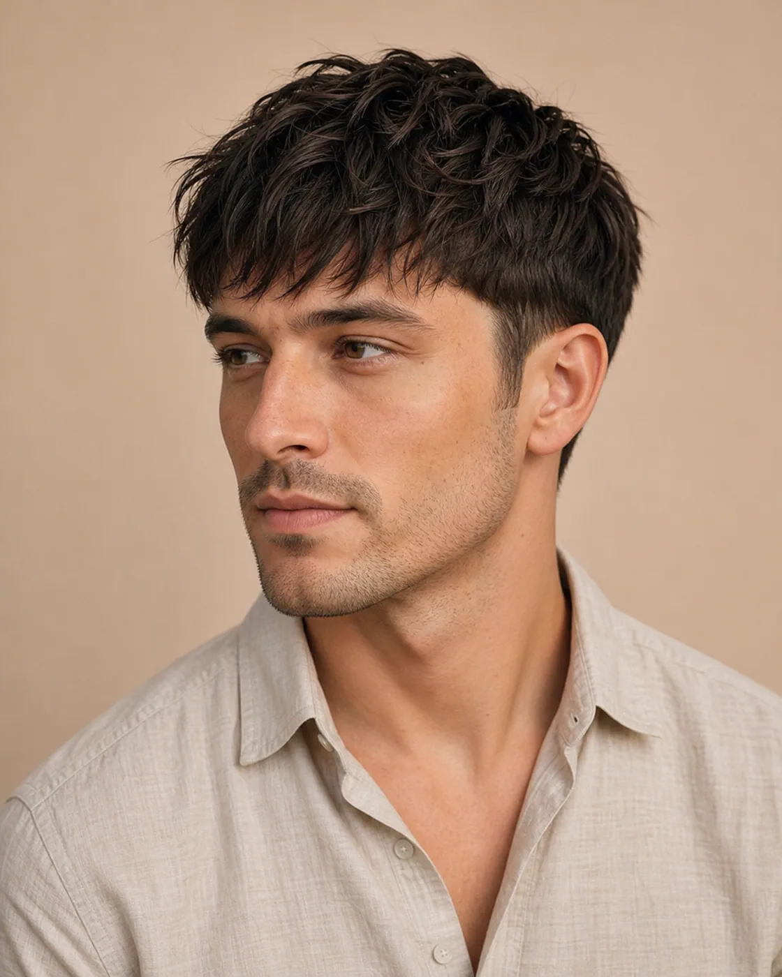 Man with a heart-shaped face wearing a textured fringe with a low taper