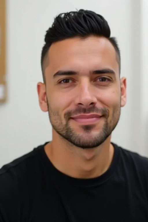 An oblong-faced man with a short buzz cut in a front view