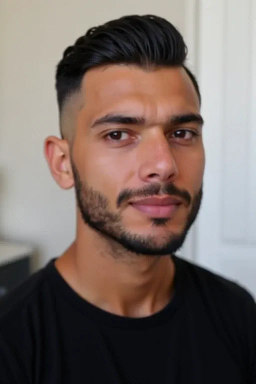 An oblong-faced man with a short buzz cut in a right profile view
