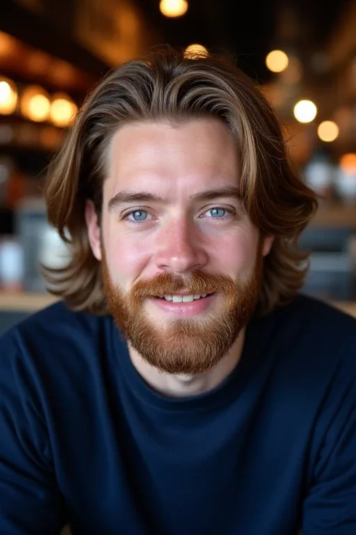 A smiling oblong-faced man with loose medium-length waves