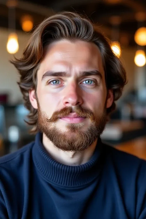 An oblong-faced man with loose medium-length waves