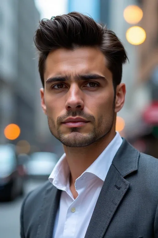 An oblong-faced man with a restrained pompadour in a front view