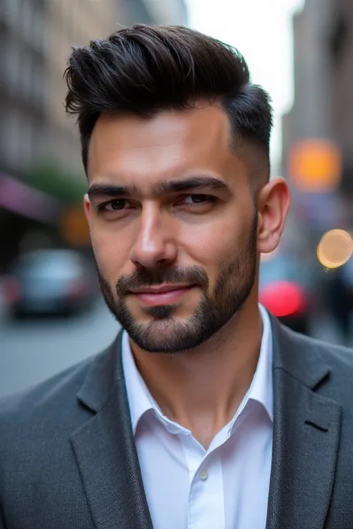 An oblong-faced man with a restrained pompadour and short sides