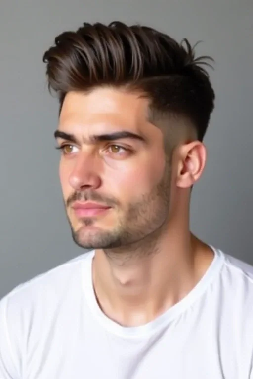 An oblong-faced man wearing a side-part hairstyle in a left profile view