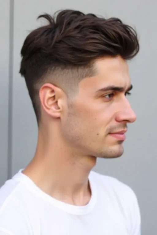 An oblong-faced man wearing a side-part hairstyle in a right profile view