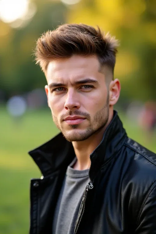 An oblong-faced man with a textured crop in a front view