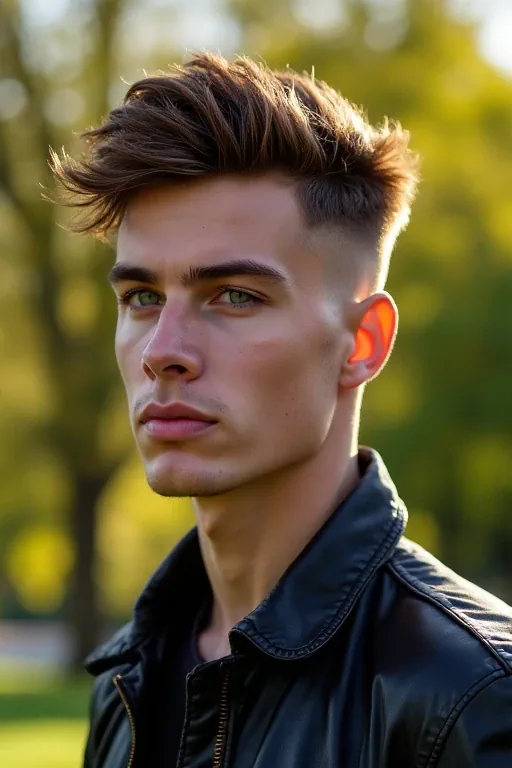 An oblong-faced man with a textured crop in a right profile view