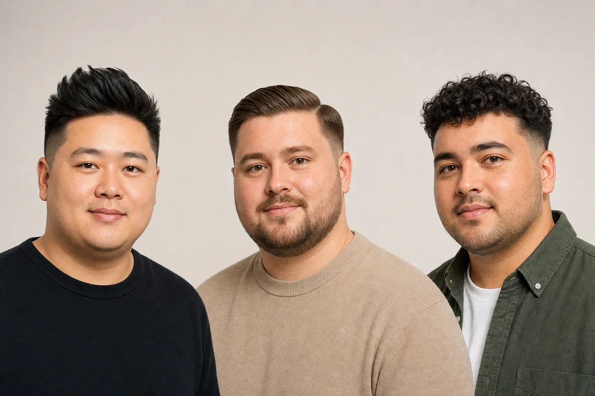 Three men with round faces wearing a textured quiff, side part, and curly top hairstyle