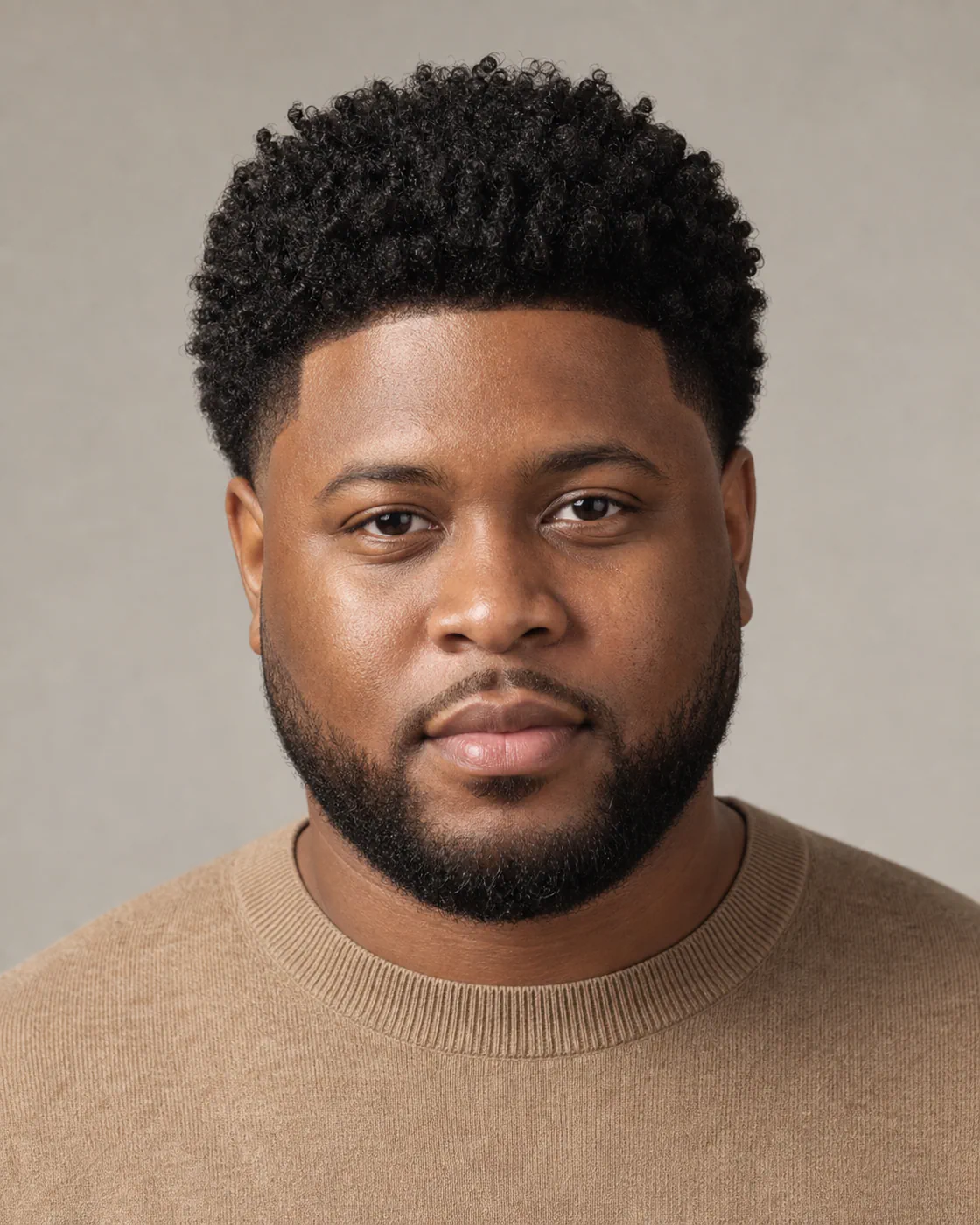 A man with a round face wearing a defined curly top with tapered sides